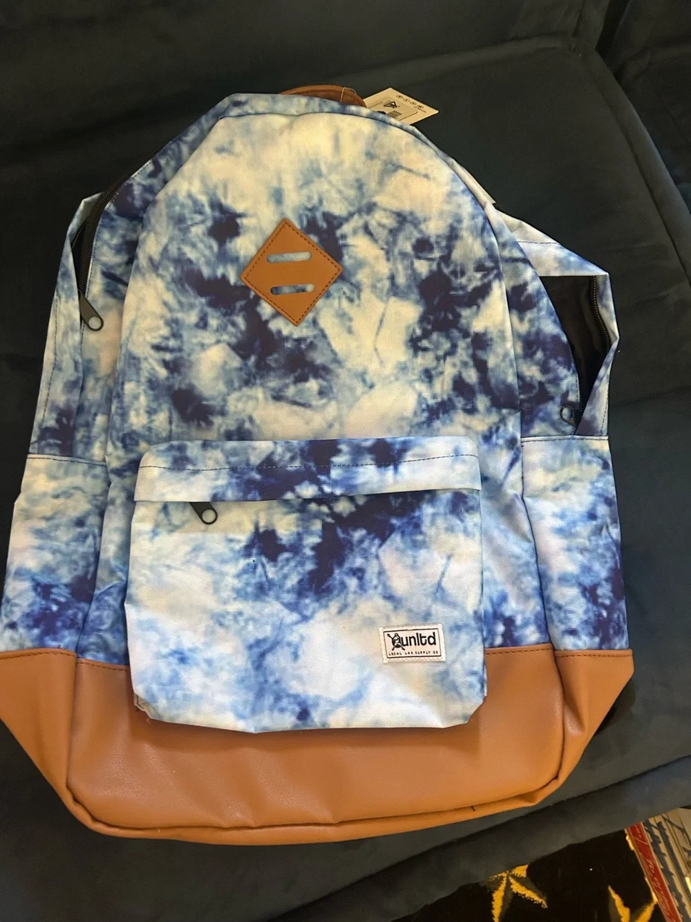 Unltd Blue Tie-Dye Canvas Backpack with Tan Faux-Leather Base Lacrosse